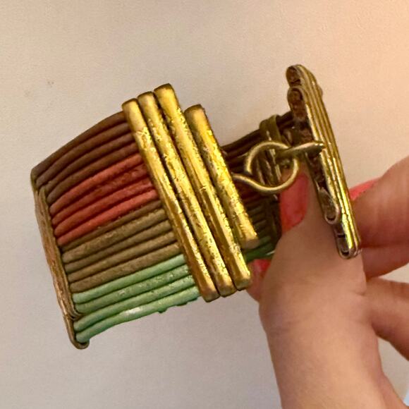 Vintage Alexis Kirk 70s Brass Leather Tribal Jewelry Set - Picture 7 of 12